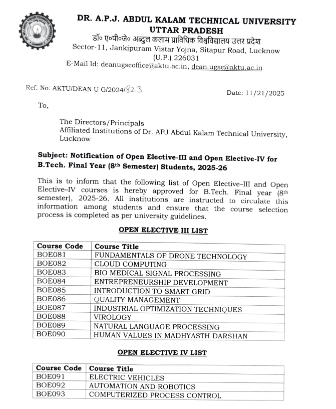 Aktu Circular for open electives iii and iv