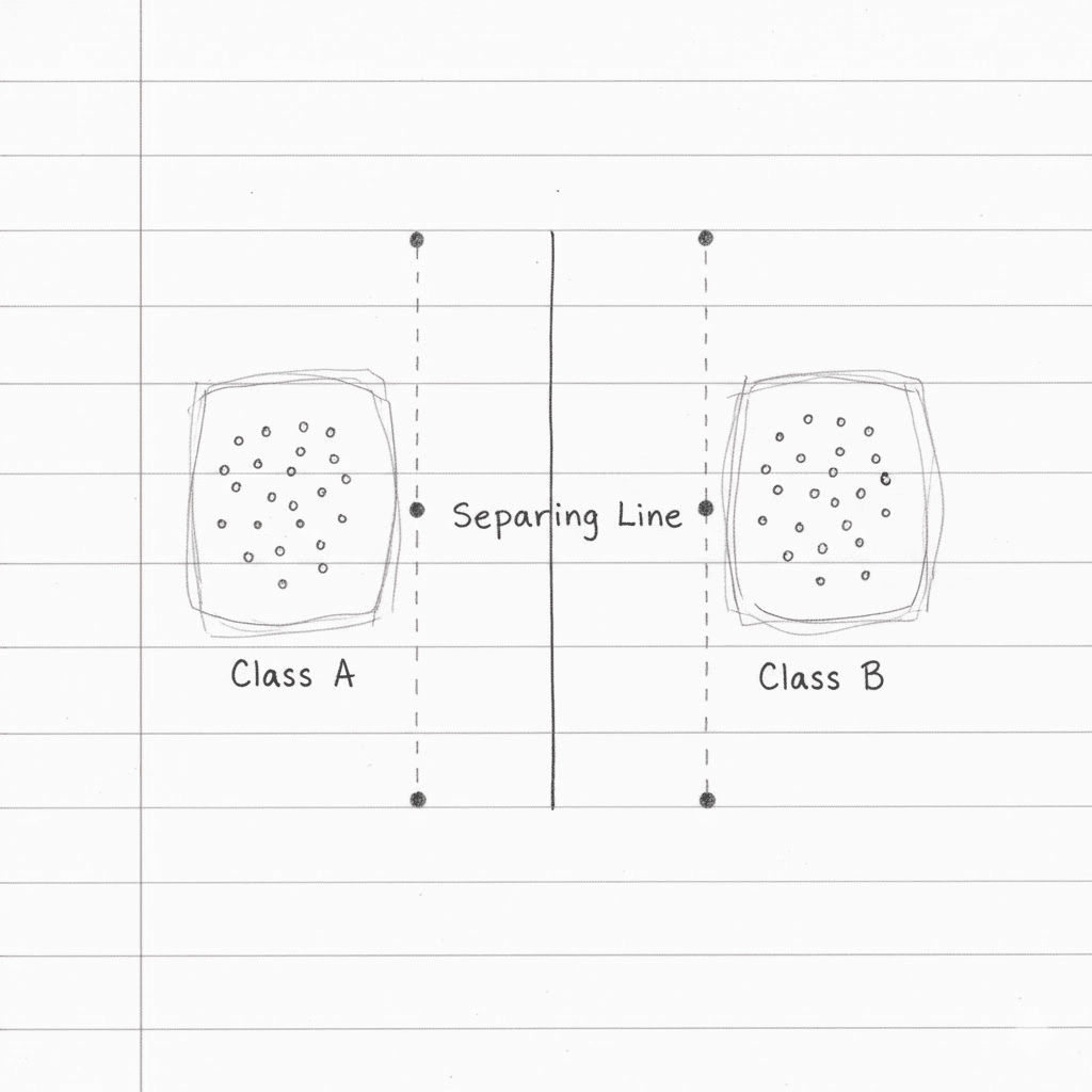 Showing two groups of points separated by a wide margin line.